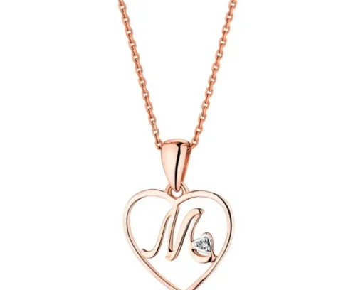 Zawieszka z różowego złota z diamentem - litera M, serce - 0,005 ct - próba 375