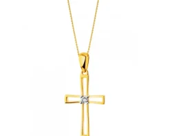 Zawieszka z żółtego i białego złota z diamentem - krzyż - 0,002 ct - próba 375