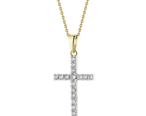 Zawieszka z żółtego i białego złota z brylantami - krzyż - 0,25 ct - próba 585
