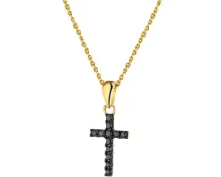Zawieszka z żółtego złota z czarnymi brylantami - krzyż - 0,10 ct - próba 375