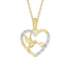 Zawieszka z żółtego złota z diamentami - koliber, serca - 0,03 ct - próba 585