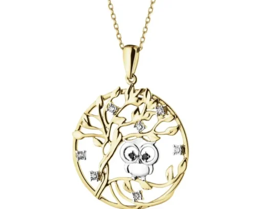 Zawieszka z żółtego złota z diamentami - drzewko, sowa - 0,05 ct - próba 585