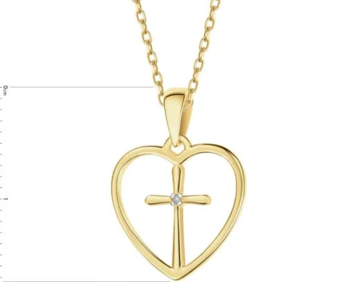 Zawieszka z żółtego złota z diamentem - serce, krzyż - 0,002 ct - próba 585