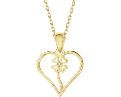Zawieszka z żółtego złota z diamentem - serce, koniczyna - 0,002 ct - próba 375