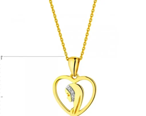 Zawieszka z żółtego złota z diamentami - medalik Matka Boska, serce - 0,006 ct - próba 375