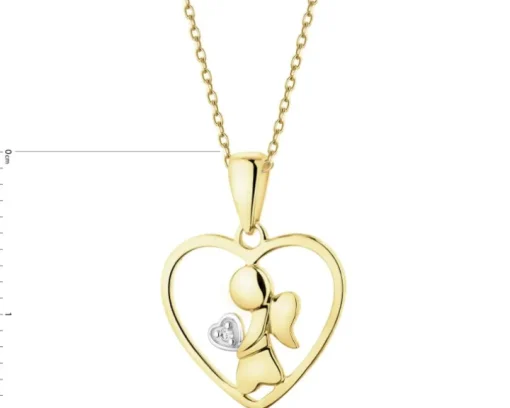 Zawieszka z żółtego złota z diamentem - serce, aniołek - 0,003 ct - próba 585