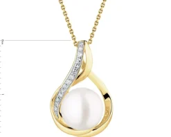 Zawieszka z żółtego złota z diamentami i perłą - próba 585