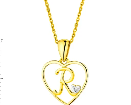 Zawieszka z żółtego złota z diamentem - litera R, serce - 0,005 ct - próba 375