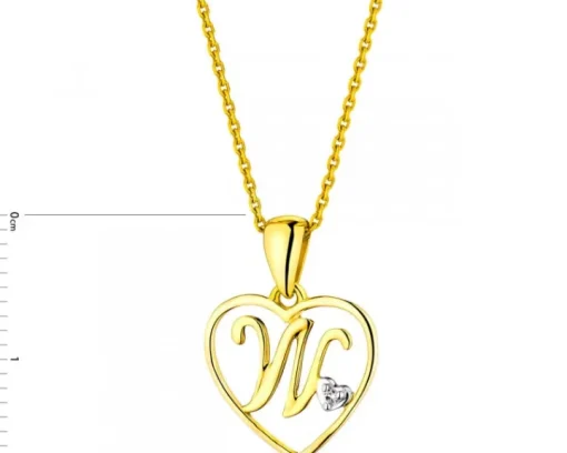 Zawieszka z żółtego złota z diamentem - litera W, serce - 0,005 ct - próba 375