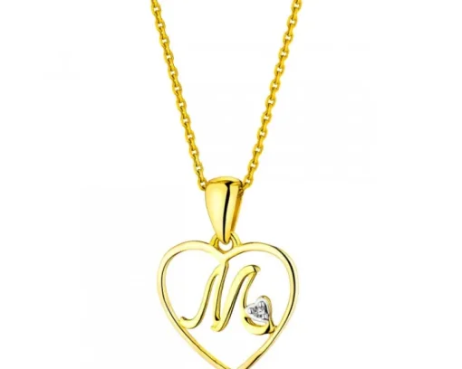 Zawieszka z żółtego złota z diamentem - litera M, serce - 0,005 ct - próba 375