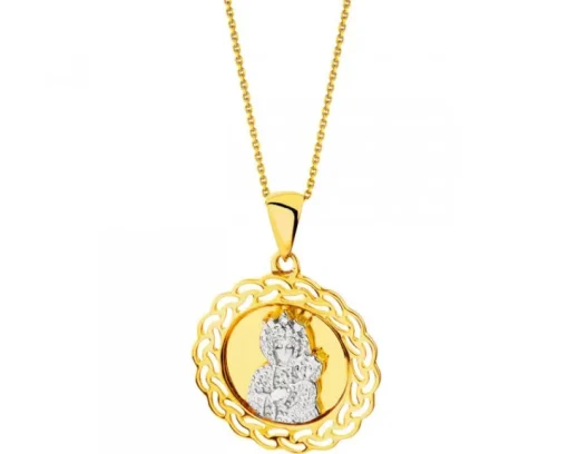 Zawieszka z żółtego złota z diamentem - medalik Matka Boska Częstochowska - 0,003 ct - próba 375
