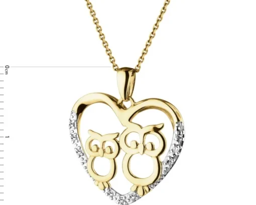 Zawieszka z żółtego złota z diamentami - sowy, serce - 0,03 ct - próba 375