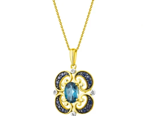 Zawieszka z żółtego złota z diamentami, szafirami i topazem London Blue - próba 585