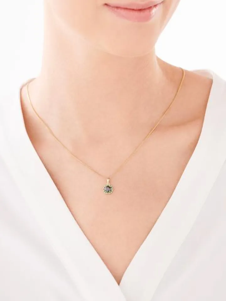 Złota zawieszka z cyrkonią i szmaragdami syntetycznymi