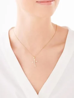 Złota zawieszka z cyrkoniami - krzyż z wizerunkiem Chrystusa