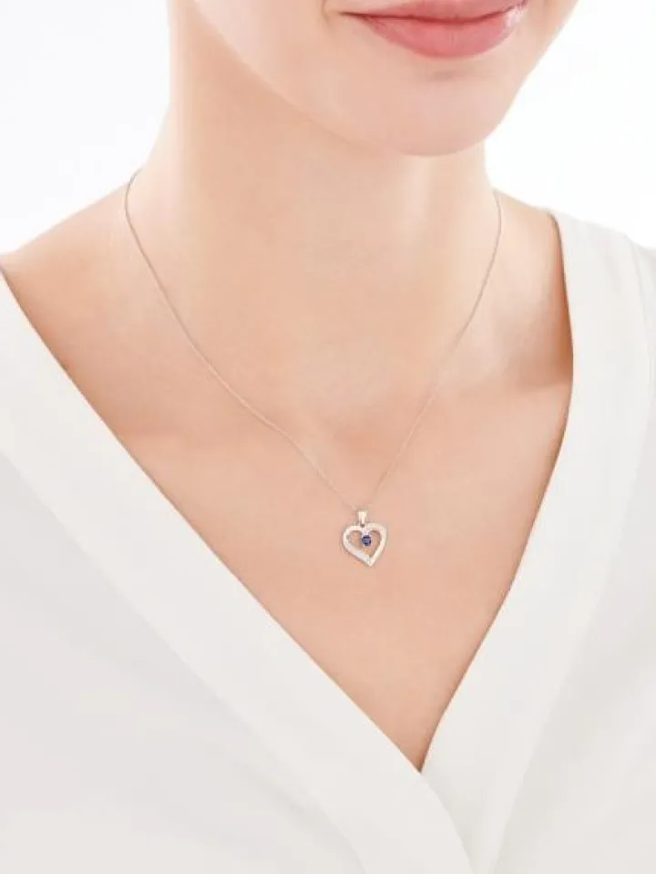 Złota zawieszka z szafirem syntetycznym i cyrkoniami - serce