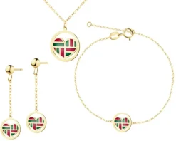 Złote kolczyki, bransoletka i naszyjnik z emalią - komplet - serca