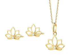 Złote kolczyki i zawieszka z cyrkoniami - komplet - kwiaty lotosu