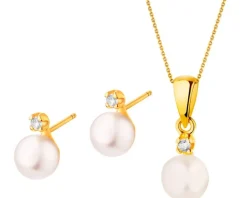 Złote kolczyki i zawieszka z perłami, cyrkoniami, łańcuszek ankier - komplet