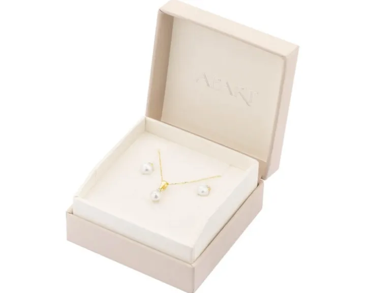 Złote kolczyki i zawieszka z perłami, cyrkoniami, łańcuszek ankier - komplet