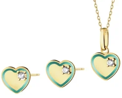 Złote kolczyki i zawieszka z emalią i cyrkoniami - komplet - serca