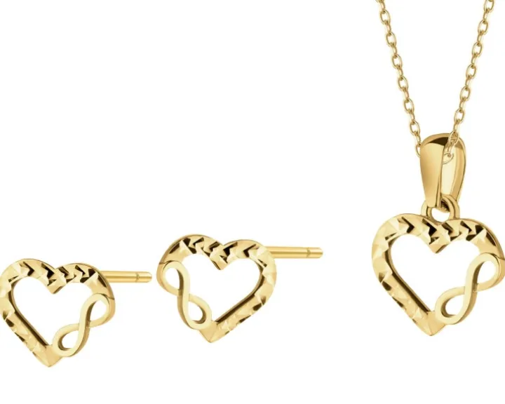 Złote kolczyki i zawieszka - komplet - serca, nieskończoności