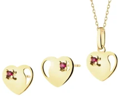 Złote kolczyki i zawieszka z cyrkoniami - komplet - serca