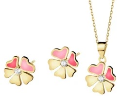 Złote kolczyki i zawieszka z cyrkoniami i emalią - komplet - kwiaty