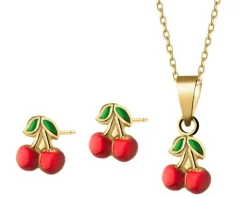 Złote kolczyki i zawieszka z emalią - komplet - wisienki