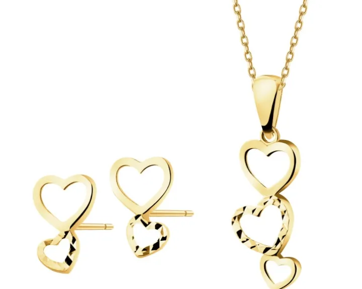Złote kolczyki i zawieszka - komplet - serca