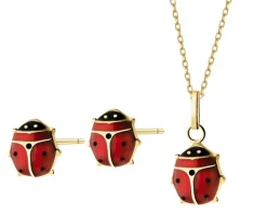 Złote kolczyki i zawieszka z emalią - komplet - biedronki