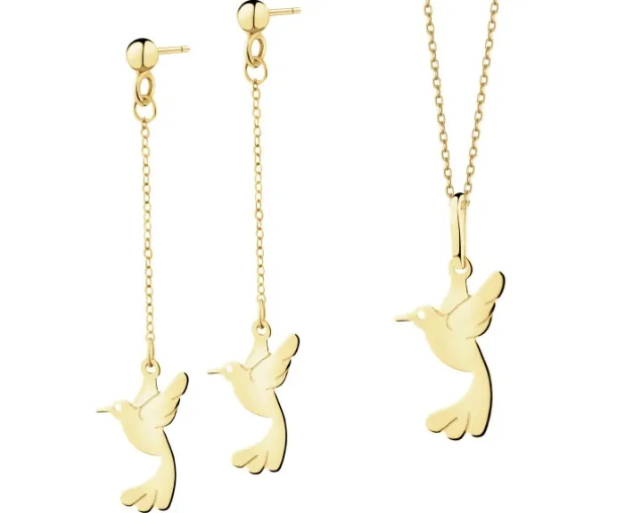 Złote kolczyki i zawieszka - komplet - kolibry