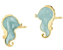 Złote kolczyki z emalią - koniki morskie