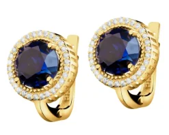 Złote kolczyki z korundami syntetycznymi i  cyrkoniami