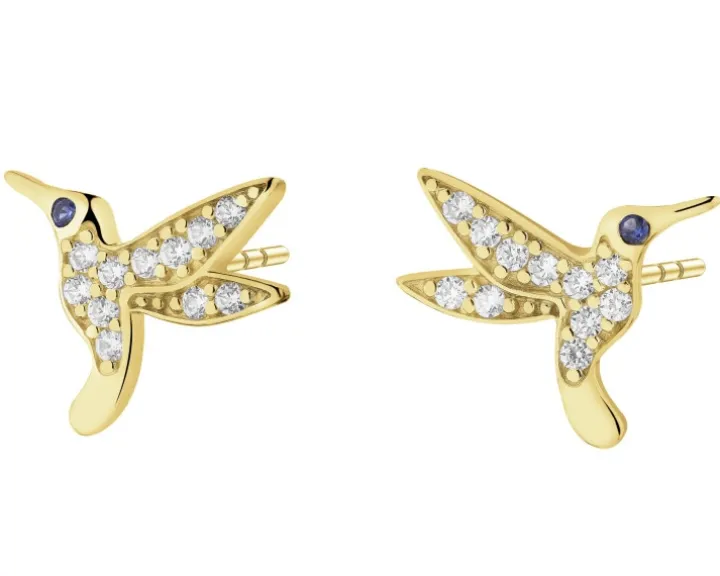 Złote kolczyki z szafirami syntetycznymi i cyrkoniami - kolibry
