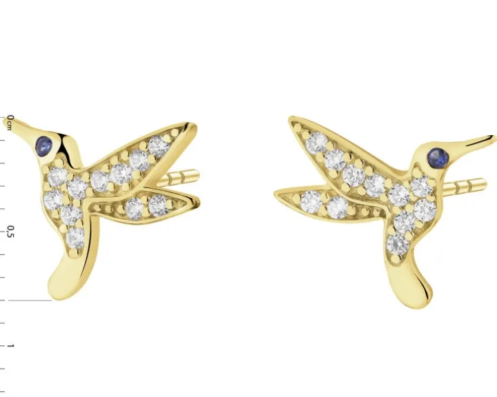 Złote kolczyki z szafirami syntetycznymi i cyrkoniami - kolibry